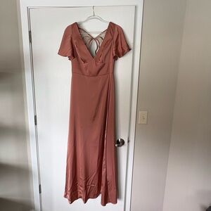 Azazie Dusty Rose Satin V-Neck Maxi Bridesmaid Dress